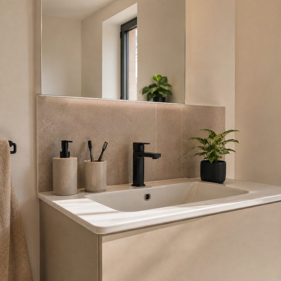 Esempio di bagno con dettagli neri